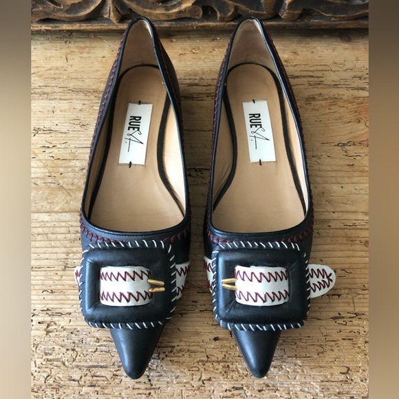 Rue St Aurea Point Toe Big Buckle Contrast Stitched Leather Ballet Flats 38 $430 - Picture 4 of 16